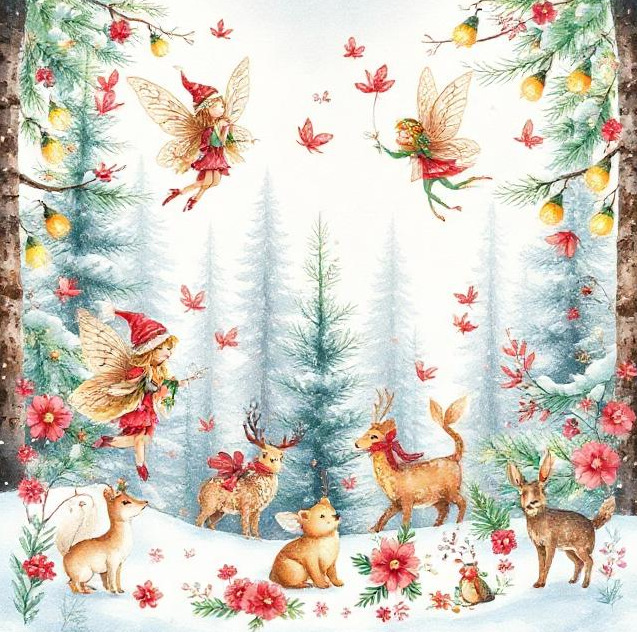 Watercolor winter forest with deer, rabbits, birds, fairies, pine trees, and red flowers on white snowy background