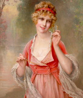 Portrait painting of woman in pink dress with red headband holding flower