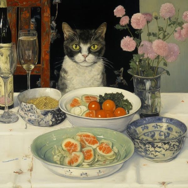 Painting of a gray and white cat behind a table with bowls of food, a wine glass, and pink flowers