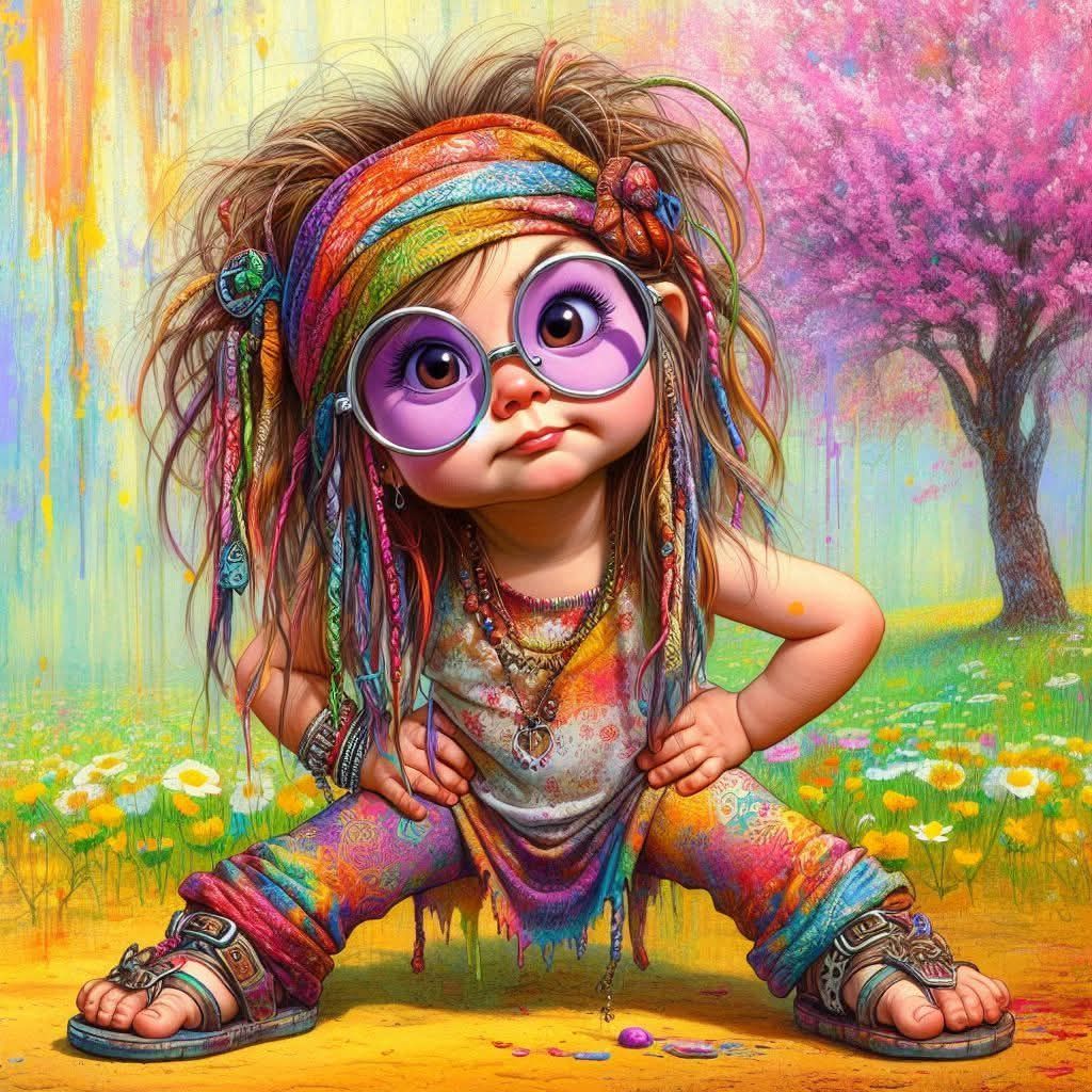 Colorful illustrated little girl with big round glasses posing in a flower field with blooming trees