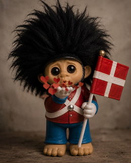 Troll doll with black hair in Danish outfit holding a red and white Denmark flag