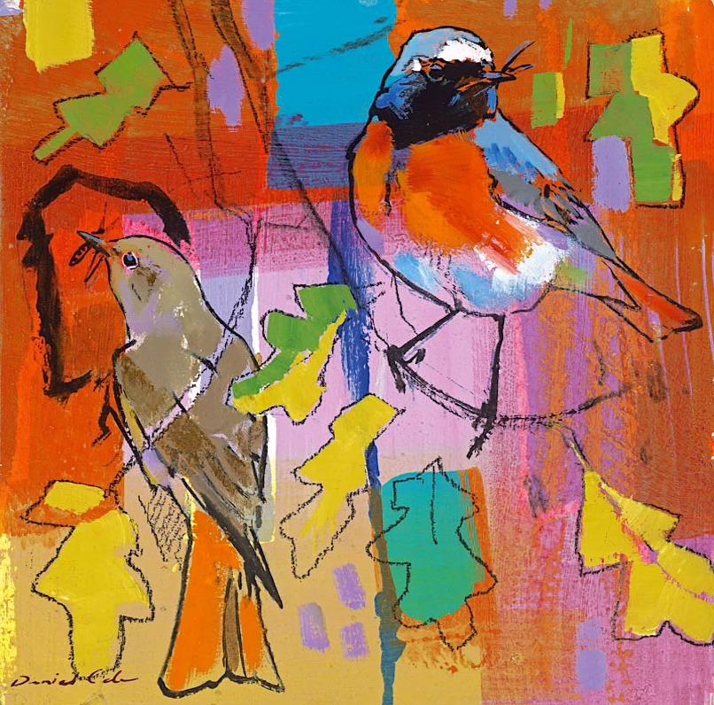 Colorful painting of two redstart birds with abstract leaves on a vibrant background