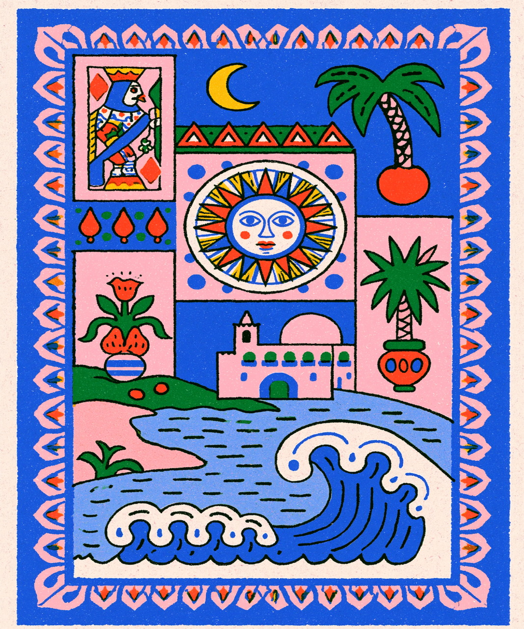 Retro poster with palm tree and ocean wave in pink and blue