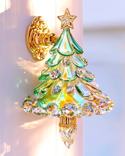 Sparkling crystal Christmas tree ornament with gold star and colorful gems on blurred festive background