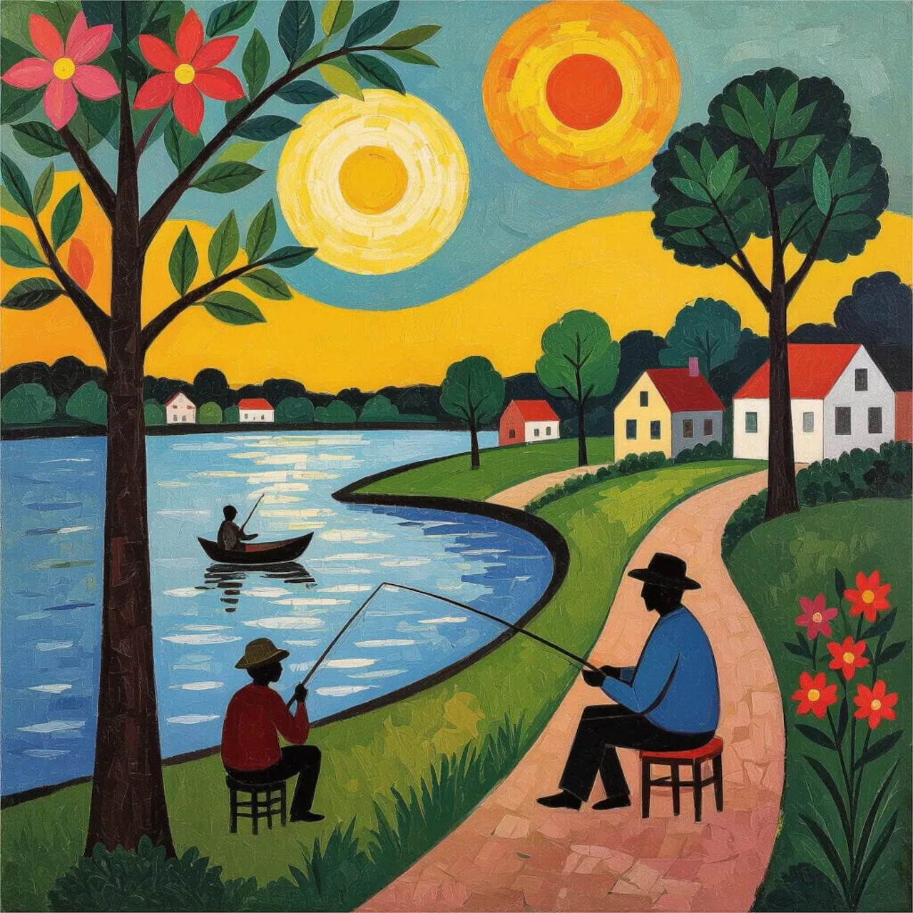 Colorful lakeside village painting with two people fishing, trees, flowers, and small houses