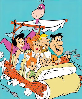 Cartoon illustration of the Flintstones family riding in their prehistoric stone car with a canopy