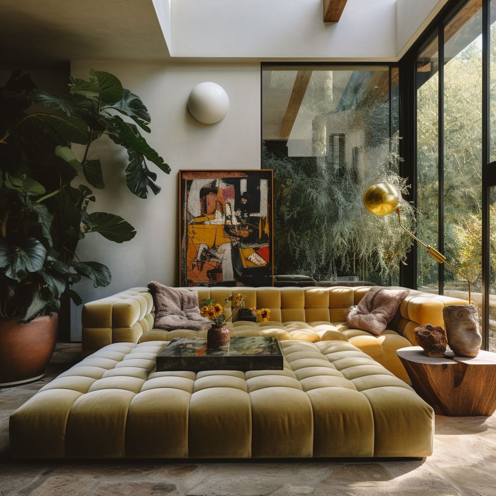 Modern living room with mustard yellow tufted sofa, plants, and marble wall