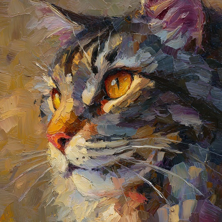 Painted close-up portrait of a tabby cat with bright golden eyes
