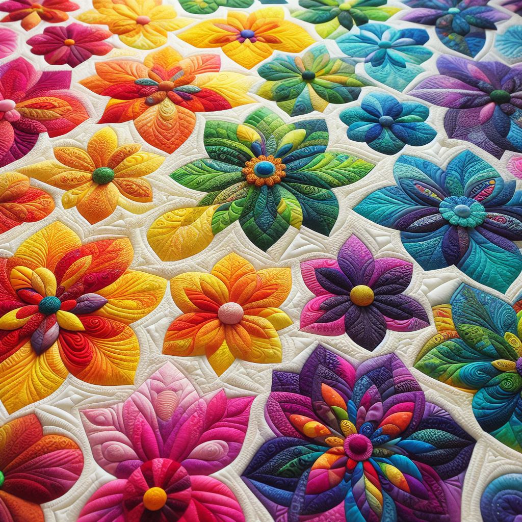 Colorful quilted fabric flowers in rainbow colors with detailed stitching on white background