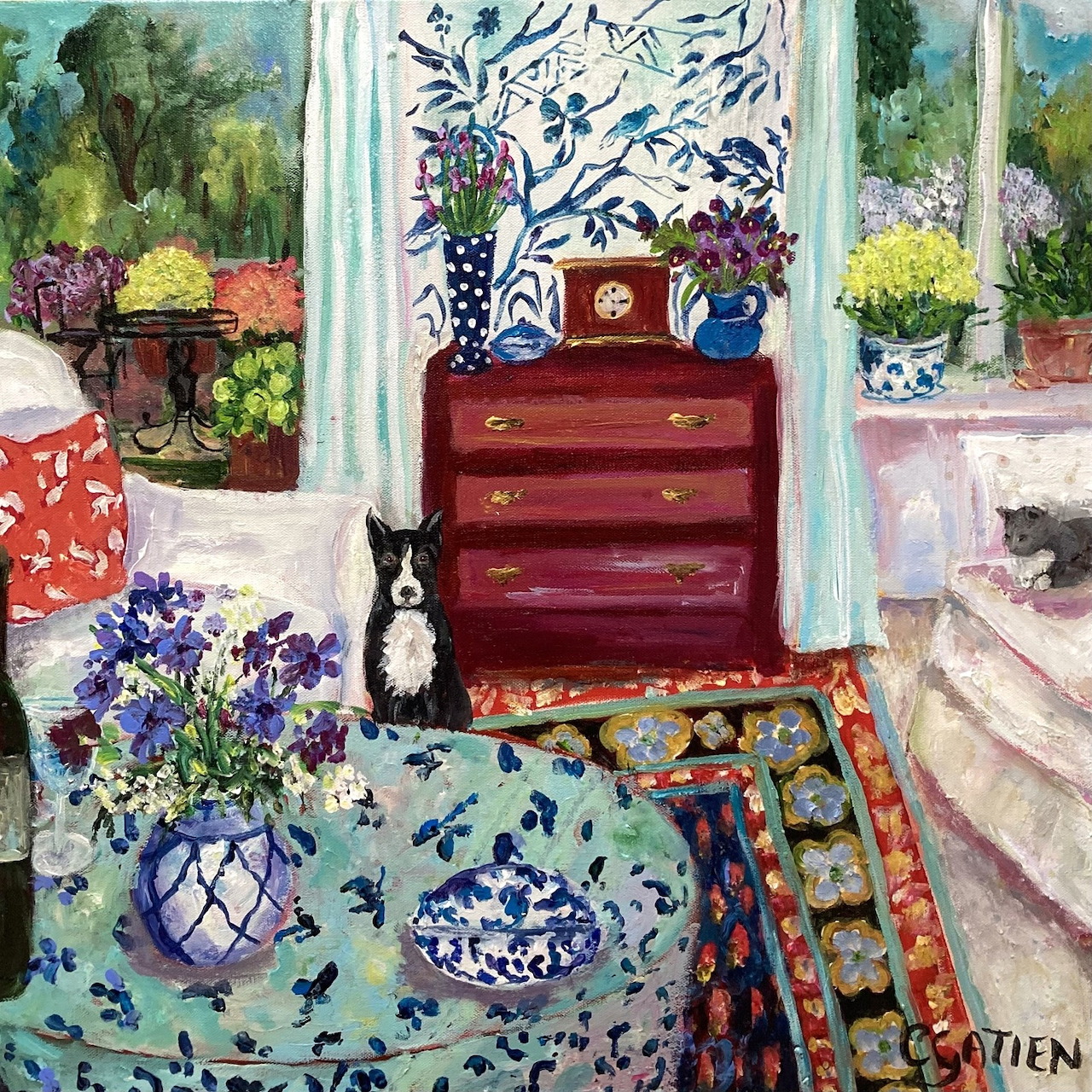 Colorful painting of cozy room interior with cat sitting by dresser, flowers in vases, and garden visible through windows