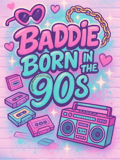 Colorful 90s themed illustration with boombox, cassette tapes, sunglasses, gold chain, and retro text