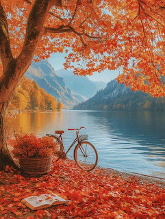 Bicycle parked under autumn tree by mountain lake with fallen red and orange leaves