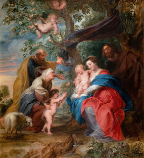 Baroque painting of the Holy Family with Mary, Joseph, and infant Jesus under an apple tree with cherubs