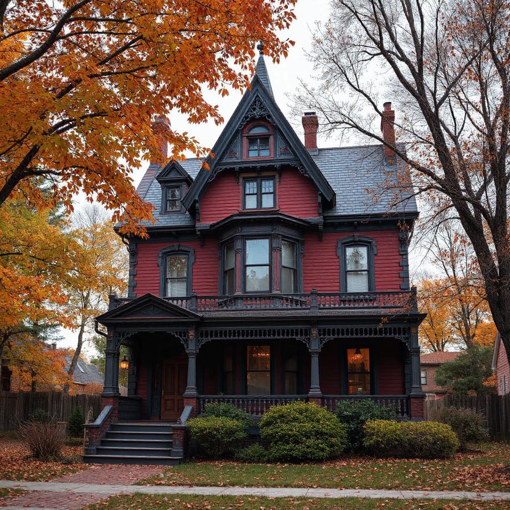Red Victorian house with turret surrounded by fall trees with orange leaves under grey sky