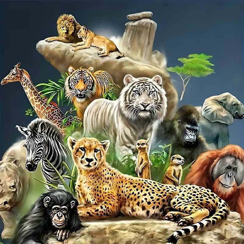 Composite image of various wild animals including tigers, lions, elephants, zebras, cheetahs, and primates in natural setting