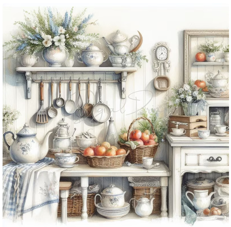 Vintage white farmhouse kitchen with shelves of dishes, hanging utensils, apples in baskets, and floral arrangement