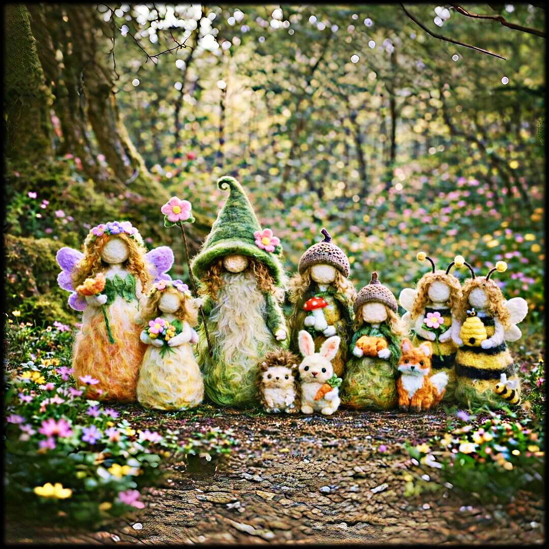 Handmade felt gnomes and small rabbits on a flower-lined woodland path