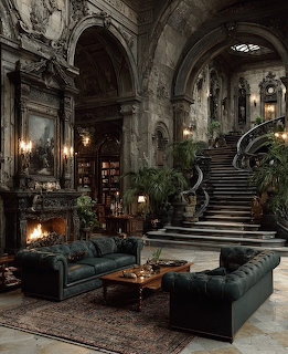 Gothic mansion interior with dark leather sofas, ornate stone arches, grand staircase, and fireplace