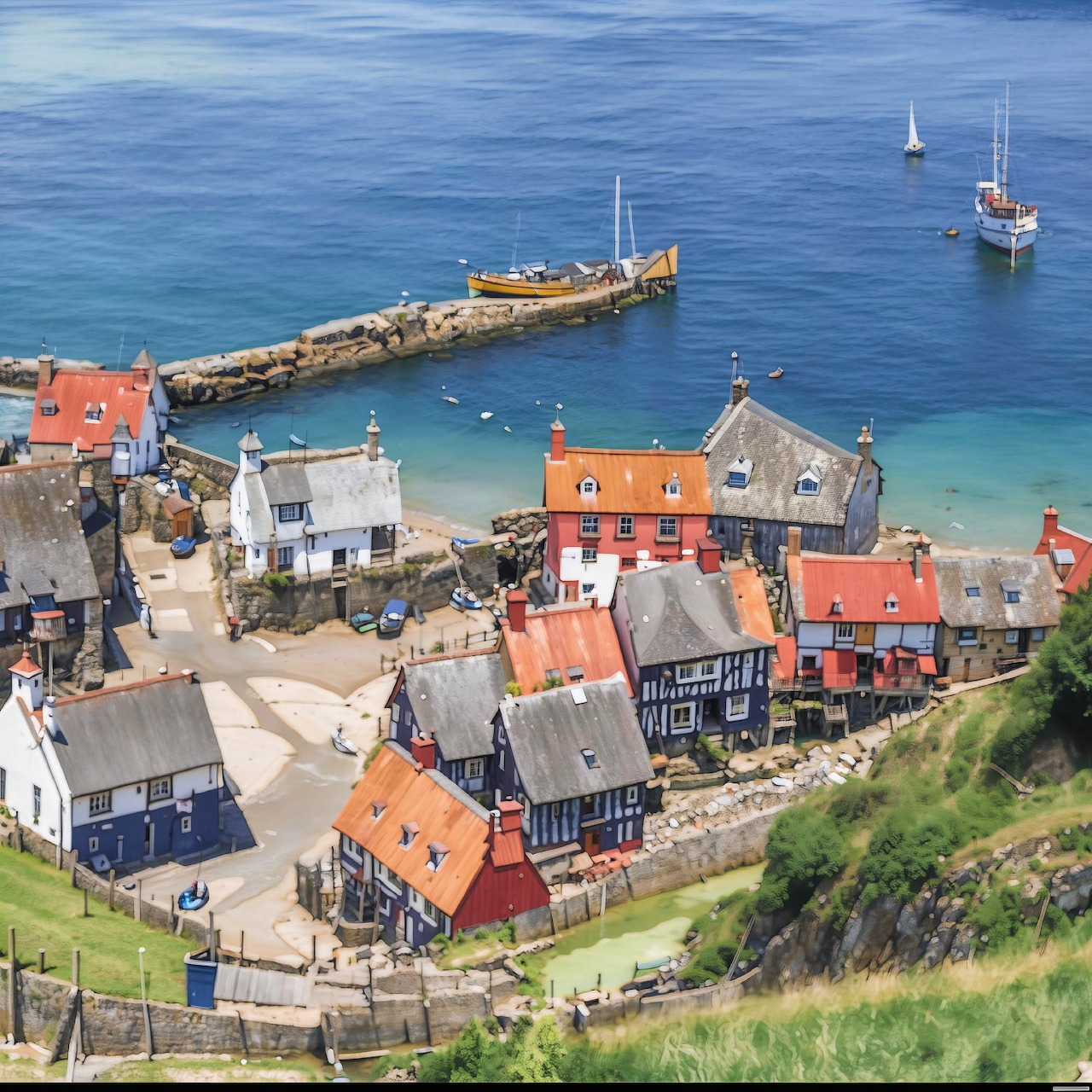Colorful Scottish fishing village with cottages, a harbor wall, and boats on blue coastal water