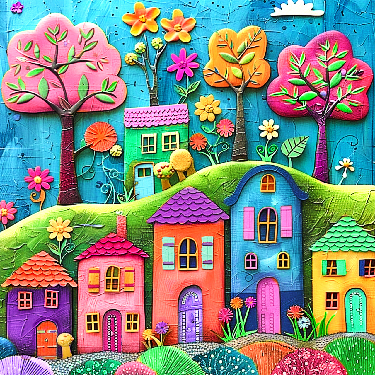 Colorful bas-relief village with textured houses, trees and flowers in folk art style