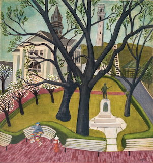 Folk art painting of a town hall behind trees with benches, a statue, and flowering trees in a park