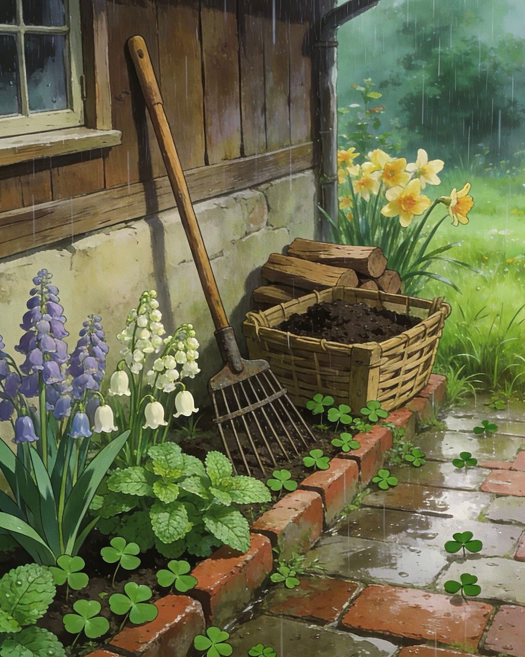 Rustic garden corner with spring flowers, wicker baskets and tools beside a wooden cottage on a rainy day