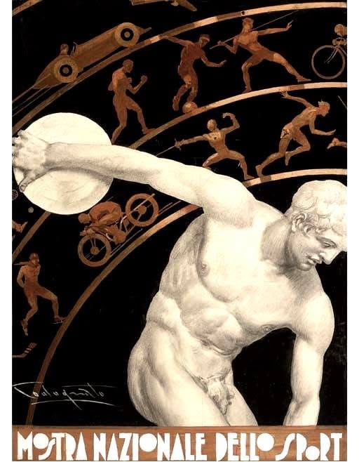 1930 Italian sports exhibition poster with a discus thrower and golden athlete silhouettes, text reads Mostra Nazionale dello Sport