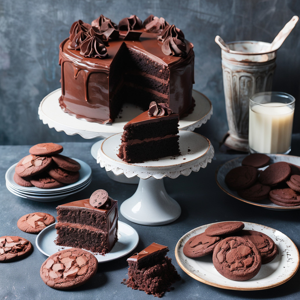 Chocolate layer cake with piped frosting on white stand, cookies and milk scattered around on dark blue backdrop