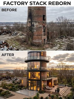 Before and after images of a brick factory smokestack transformed into a modern glass cylindrical residence