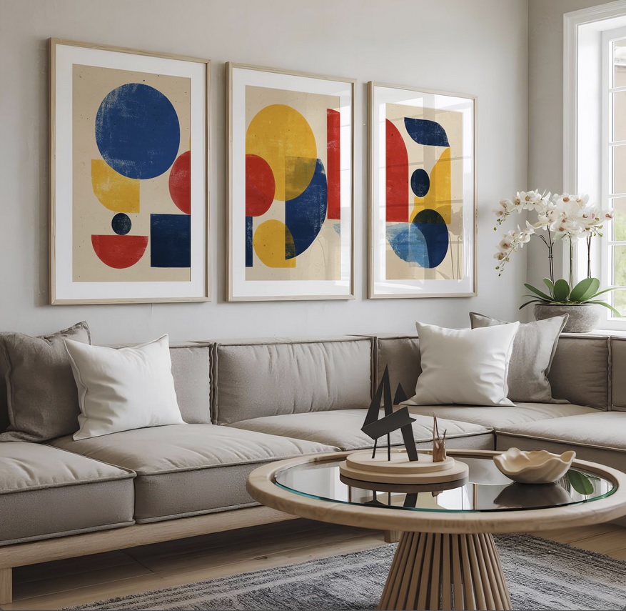 Modern living room with beige sectional sofa, round coffee table, and three abstract framed wall prints