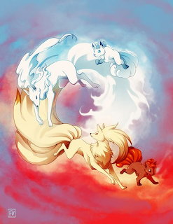 Two Ninetales Pokemon in ice and fire forms creating a circular yin-yang design against colorful sky