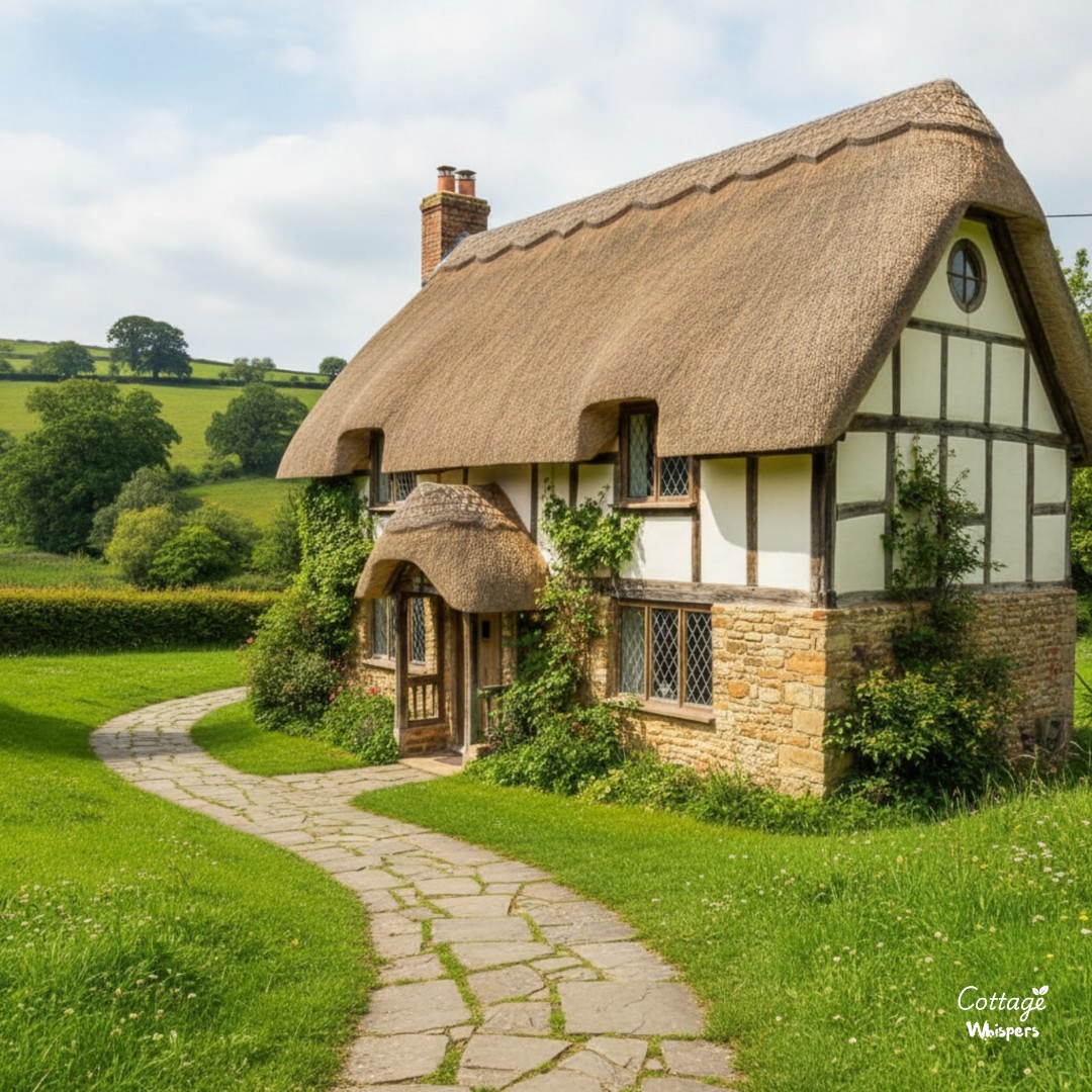 Thatched roof cottage with timber frame in green countryside with stone path