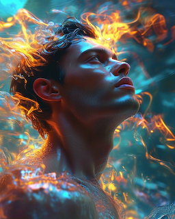 Young man looking upward with swirling fire and glowing energy around him in teal and orange tones