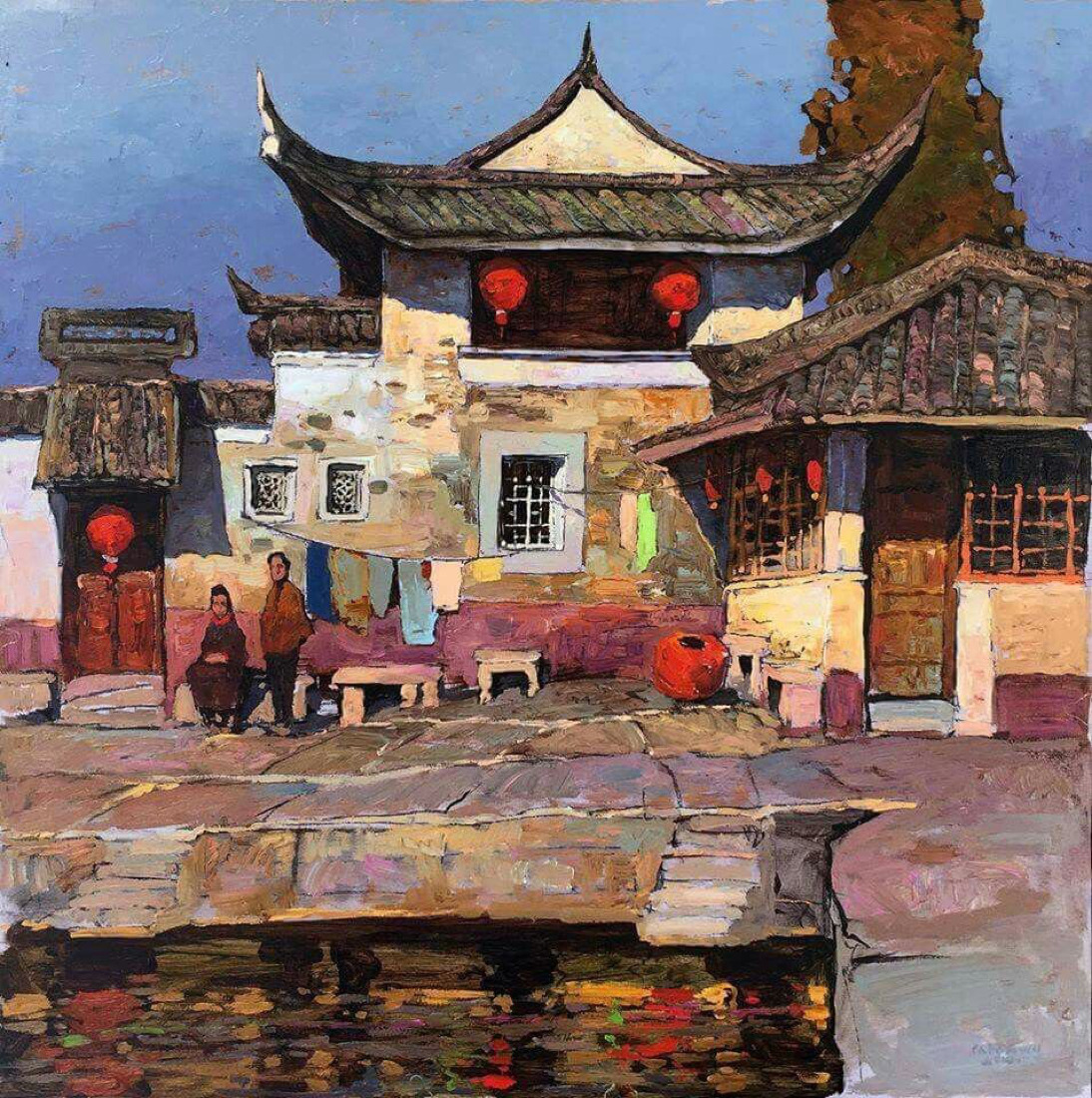 Impressionist painting of Asian village with pagoda buildings and bridge over water
