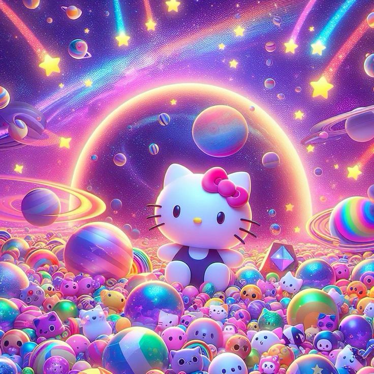 Hello Kitty character in cosmic scene with rainbow arcs, colorful bubbles, and glowing stars