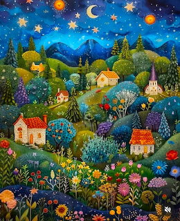 Vibrant folk art painting showing small houses nestled in green hills under a starry sky with celestial bodies