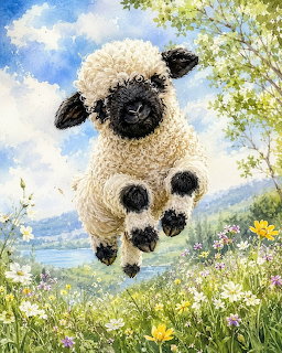 Fluffy white lamb with black face leaping through colorful spring meadow under blue sky