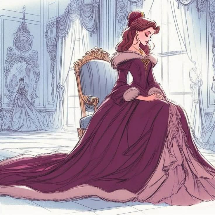 Woman in long purple dress sitting on chair in elegant room with curtains