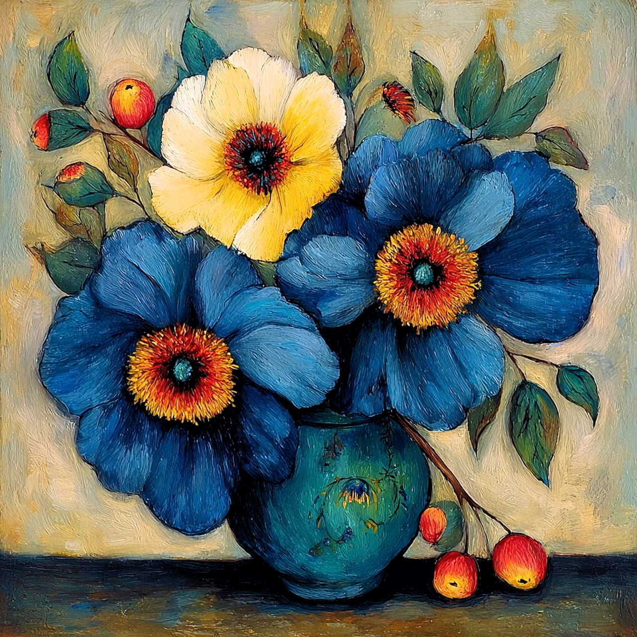 Oil painting of blue and yellow flowers in a teal vase with small red fruits, textured brushstrokes on beige background