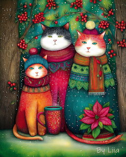 Illustration of three cats in colorful knitted sweaters and scarves with Christmas decorations and snow