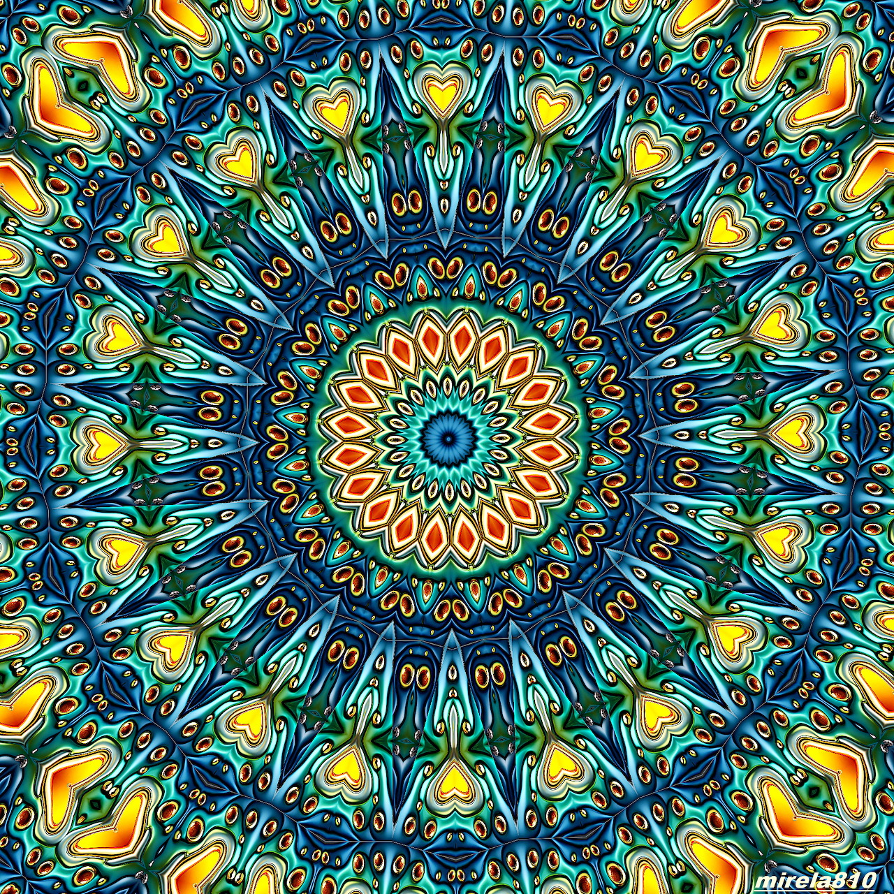 Colorful mandala with turquoise and orange symmetrical patterns radiating from center