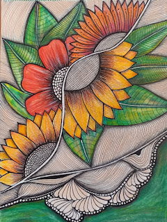 Zentangle drawing of sunflowers with detailed line patterns, green leaves, and orange-yellow petals