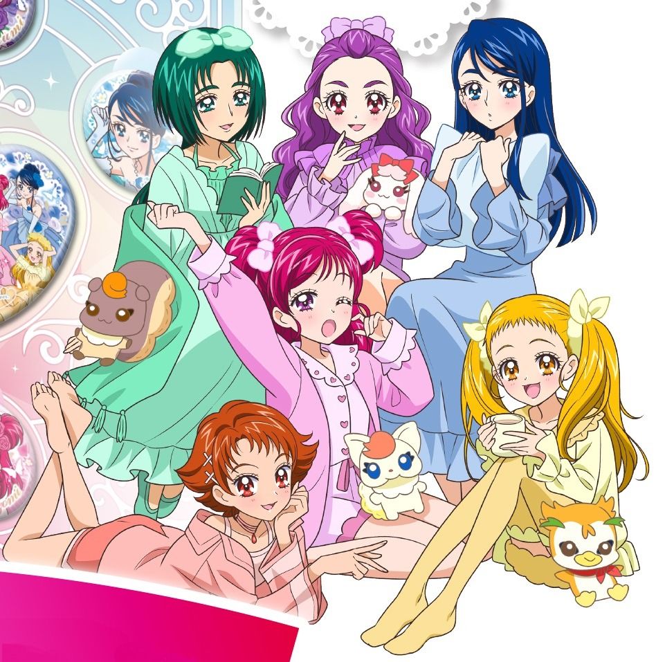 Anime group portrait of six girls in pastel dresses with small mascot characters