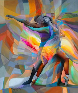 Abstract art of ballet dancer in colorful geometric rainbow shapes