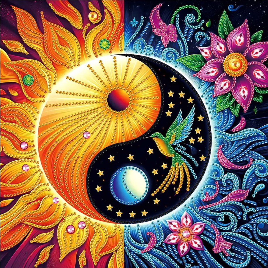 Yin yang symbol with ornate hummingbird, sun, moon, and flowers in bright colors against black