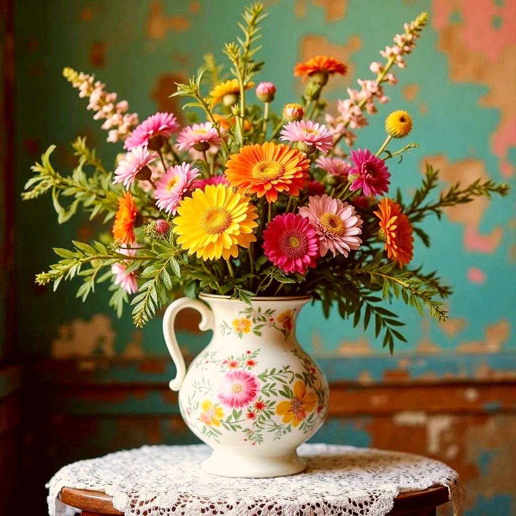 Vibrant flower arrangement with gerberas and greenery in white floral pitcher on lace doily