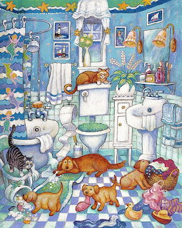 Illustration of several puppies playing in a blue bathroom with a tub, sink, toilet, and accessories