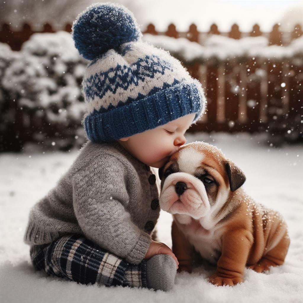 Baby in blue winter hat touching noses with bulldog puppy in snow