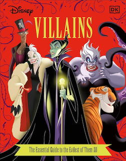 Collection of classic Disney villain characters arranged on red patterned background with Disney Villains book cover design