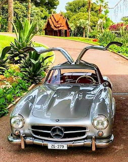 Silver 1955 Mercedes-Benz 300 SL with gullwing doors open on a driveway